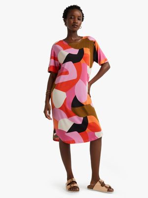 Women's Pink Abstract Print T-Shirt Dress