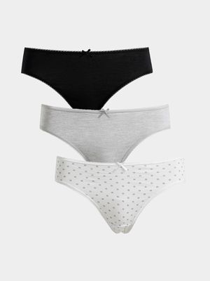 Women's Black, Grey & White Print 3-Pack Cotton Bikini Panties