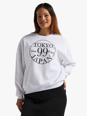 Women's White Graphic Print Sweat Top