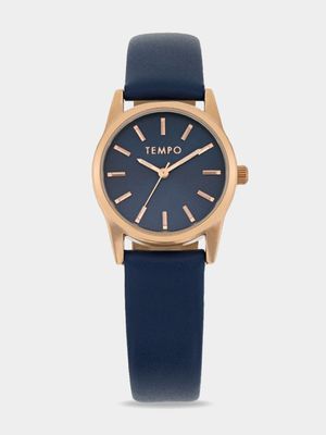 Tempo Ladies Rose Gold Tone & Blue Leather Strap Watch