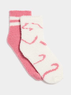 Jet Women's White/Pink 2 Pack Fluffy Socks