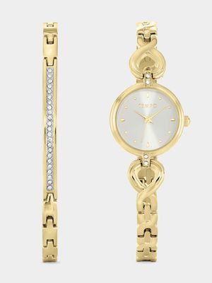 Tempo Woman's Silver Dial Gold Plated Watch 2 Piece Set