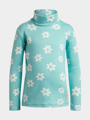 Younger Girl's Aqua Daisy Print Poloneck Top