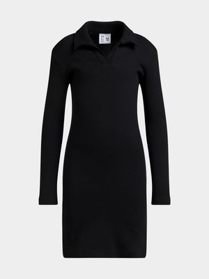 Rib Collar Long Sleeve Dress