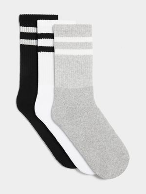 Men's White, Black & Grey 3-Pack Striped Socks