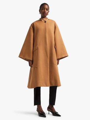 Women's Elwen Design Brown A-Line Cape Style Melton Coat