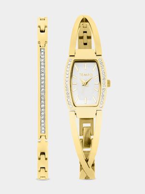 Tempo Ladies Gold Toned Bangle Watch & Bracelet Set