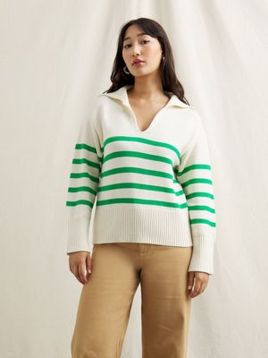 Women's Canvas Wide Collared Stripe Jumper Cream