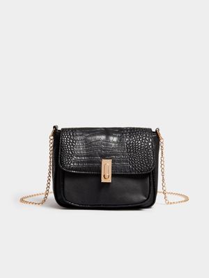 Women's Black Faux Croc Crossbody Bag