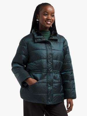 Women's Green Metallic Quilted Puffer Jacket