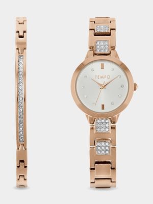 Tempo Ladies Rose Plated Watch & Bracelet Set