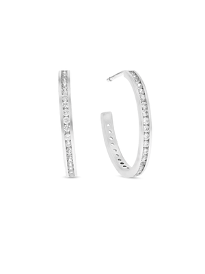 Sterling Silver Cubic Zirconia Women's Medium Channel Hoop Earrings