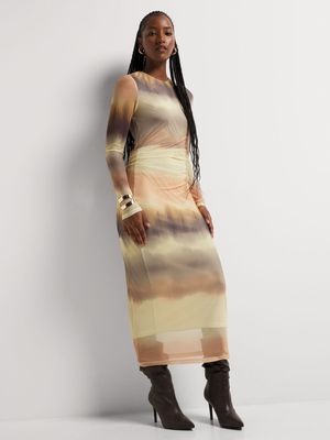 Mesh Draped Waist Long Sleeve Highneck Column Dress