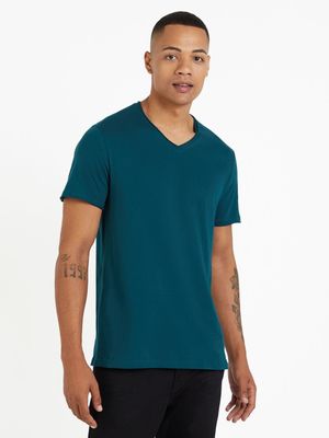 Men's Markham Raw Edge V-Neck Basic Forest Green T-Shirt