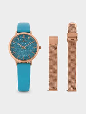 Ferro Women’s Rose Plated Blue Leather Watch & Mesh Strap Set