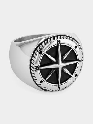 Stainless Steel Black Enamel Compass Ring