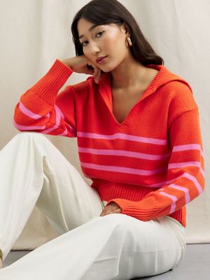 Women's Canvas Wide Collared Striped Jumper