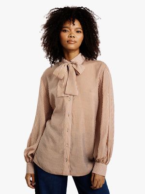 Women's Me&B White & Brown Bellow Sleeve Blouse