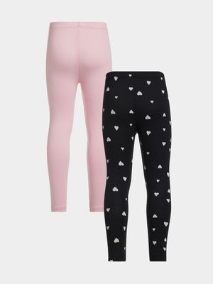 Older Girl's Pink & Black Heart Print 2-Pack Leggings