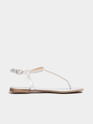 Women's Silver Diamante Thong Sandals