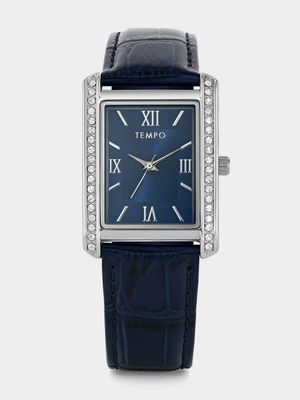 Tempo Timepiece Collection Silver Plated Blue Rectangle Dial Blue Leather Watch