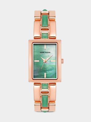 Anne Klein Green Mother of Pearl Dial & Rose Plated Rectangular Bracelet Watch