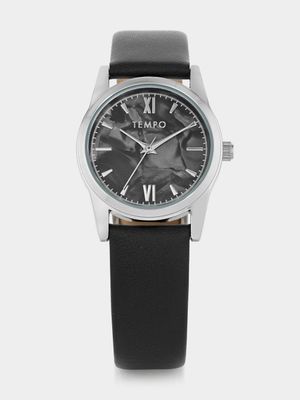 Tempo Women’s Silver Plated Black Dial Black Leather Watch