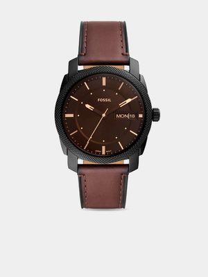 Fossil Men's Machine Black Toned & Brown Leather Watch