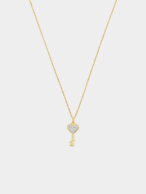 Yellow Gold Crystal Heart Key Pendant on Chain