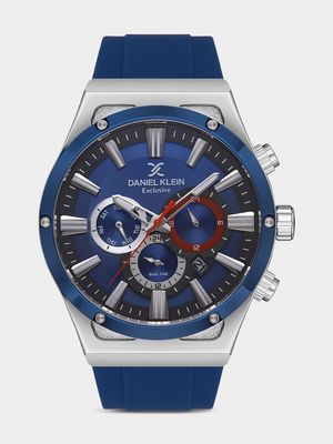 Daniel Klein Silver Plated Blue Silicone Chronograph Watch