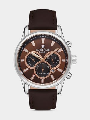 Daniel Klein Silver Plated Chronographic Brown Leather Watch