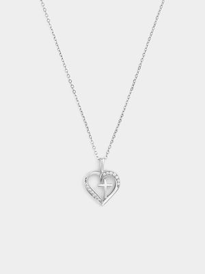 Sterling Silver Cubic Zirconia Cross In Heart Pendant