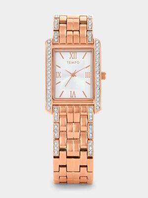 Tempo Timepiece Collection Rose Plated Silver Dial Rectangle Bracelet Watch