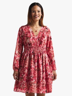 Women's Pink & Red Floral Print Frill Mini Dress