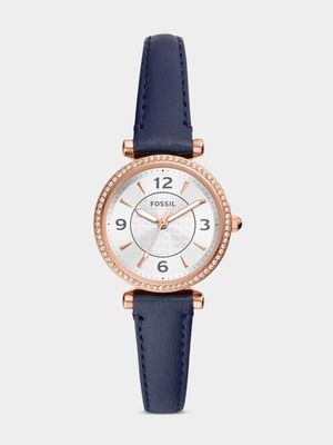 Fossil Carlie Rose Plated Stainless Steel Navy Leather Watch