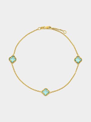 Yellow Gold & Sterling Silver Blue Cubic Zirconia Flower Anklet