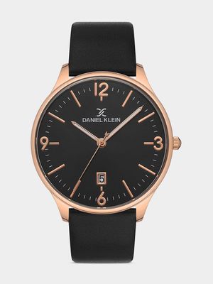 Daniel Klein Rose Plated Black Leather Watch