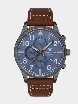 Daniel Klein Men's Blue Dial Brown Leather Chronograph Watch