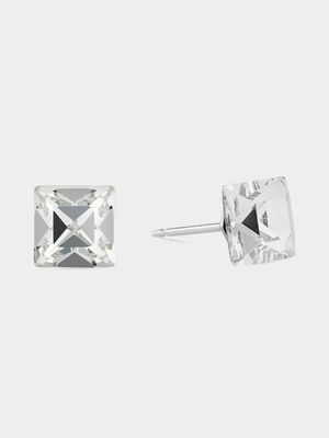 Stainless Steel & Crystal Square Stud Earrings