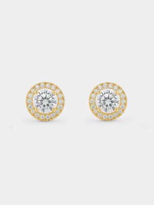 Yellow Gold Cubic Zirconia Round Halo Stud Earrings