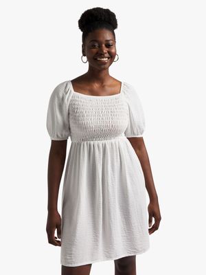 Women's White Smocked Puff Sleeve Dress