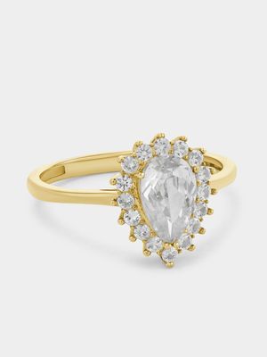 Yellow Gold Cubic Zirconia Pear Halo Ring