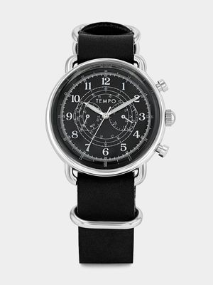 Tempo Premium Silver Plated Black Dial Black Leather Watch