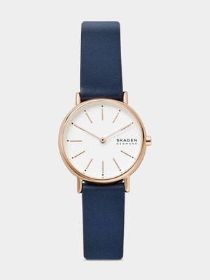 Skagen Women's Signatur Rose Gold Plated Stainless Steel & Blue Leather Watch