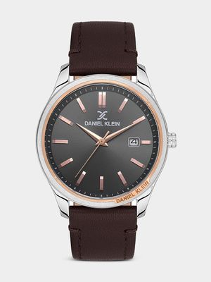 Daniel Klein Silver Plated Black Dial Brown Leather Watch