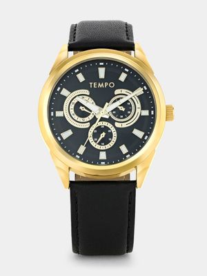 Tempo Gold Plated Black Fashion Multi Dial Black Leather Watch