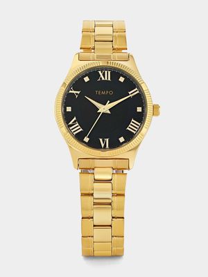 Tempo Women’s Black Dial Gold Plated Bracelet Watch