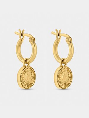 Yellow Gold Plated Mini Hoop Drop Disc Earrings