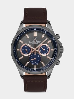 Daniel Klein Gunmetal Plated Brown Leather Chronographic Watch