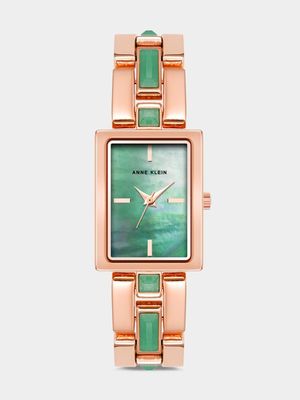 Anne Klein Green Mother Of Pearl Dial & Rose Plated Rectangular Bracelet Watch